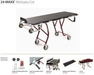 Mortuary transport cot with a padded black mattress, red frame, and wheels for easy body transport.