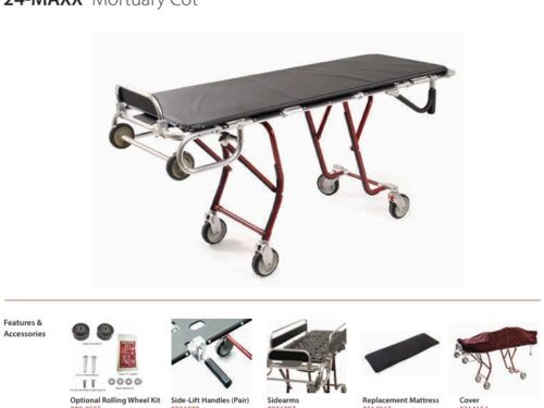 Mortuary transport cot with a padded black mattress, red frame, and wheels for easy body transport.