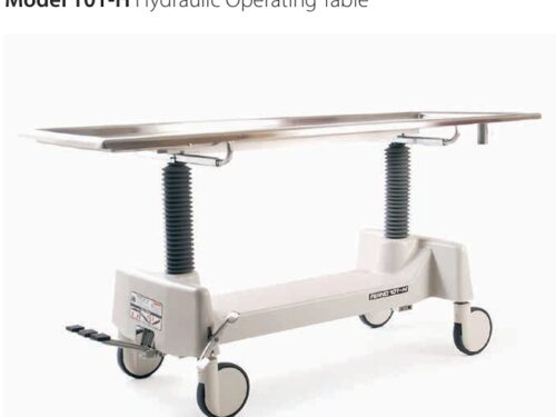 Hydraulic operating table on a wheeled stand with adjustable legs and metal top, Model 101-H.