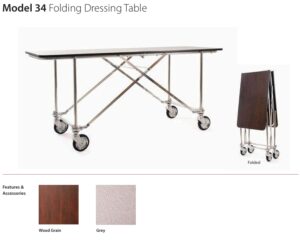 Model 34 folding dressing table on wheels, shown both unfolded and folded; finishes include Wood Grain and Grey.