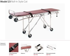 Roll-in style patient cot with maroon padding, wheels, and metal frame for hospital transfer