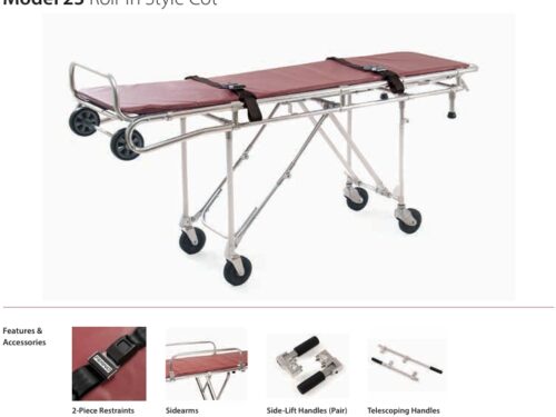 Roll-in style patient cot with maroon padding, wheels, and metal frame for hospital transfer