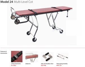 Model 24 Multi-Level Cot: red-padded patient cot on a folding wheeled frame with adjustable height.