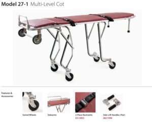 Model 27-1 multi-level hospital stretcher with red padded mattress and wheels with side rails