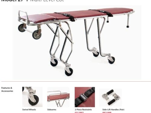 Model 27-1 multi-level hospital stretcher with red padded mattress and wheels with side rails