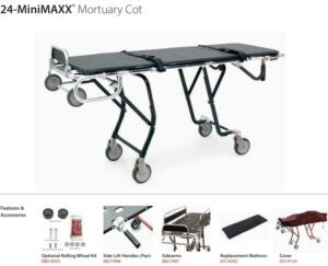 Mortuary wheeled stretcher with padded surface and collapsible frame for body transport