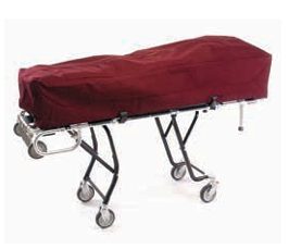 Hospital stretcher (gurney) with a red sheet covering the platform, on four wheels with side rails.