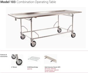 Mobile stainless steel operating table on four wheels with a long rectangular top and an adjustable frame, designed for surgical procedures.