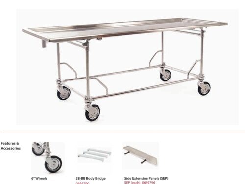 Mobile stainless steel operating table on four wheels with a long rectangular top and an adjustable frame, designed for surgical procedures.