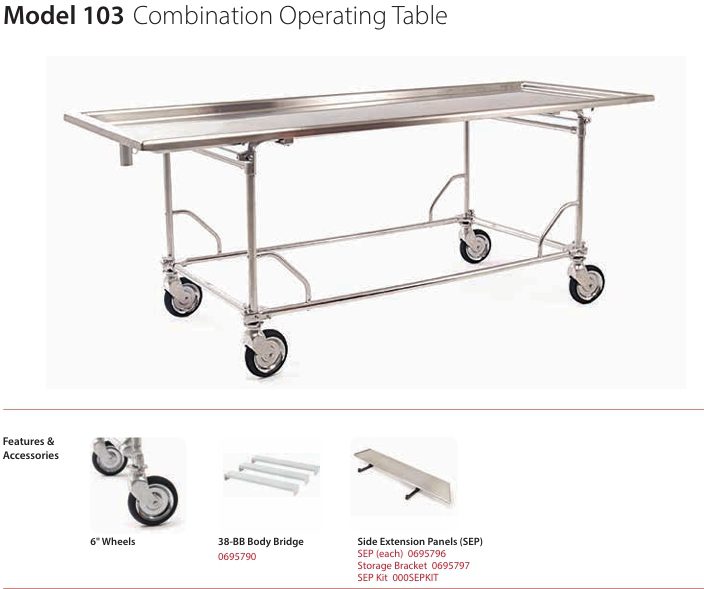 Mobile stainless steel operating table on four wheels with a long rectangular top and an adjustable frame, designed for surgical procedures.