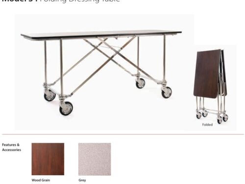 Model 34 folding dressing table with chrome frame and wheels; unfolded table on the left, folded version on the right; finish options Wood Grain and Grey.