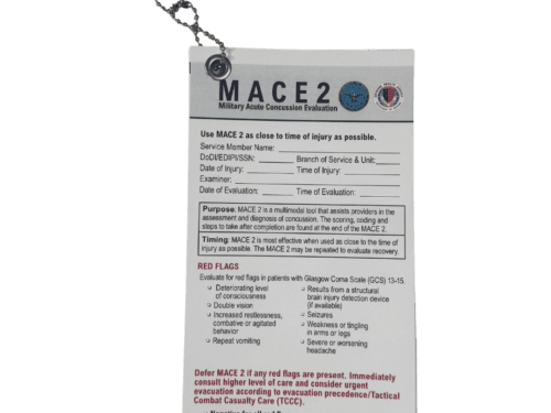 Badge-style MACE 2 tag with chain, used for Military Acute Concussion Evaluation (MACE 2).