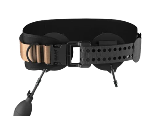 Wearable adjustable pneumatic head strap with two inflation bulbs at ends, used to apply controlled pressure around the head.